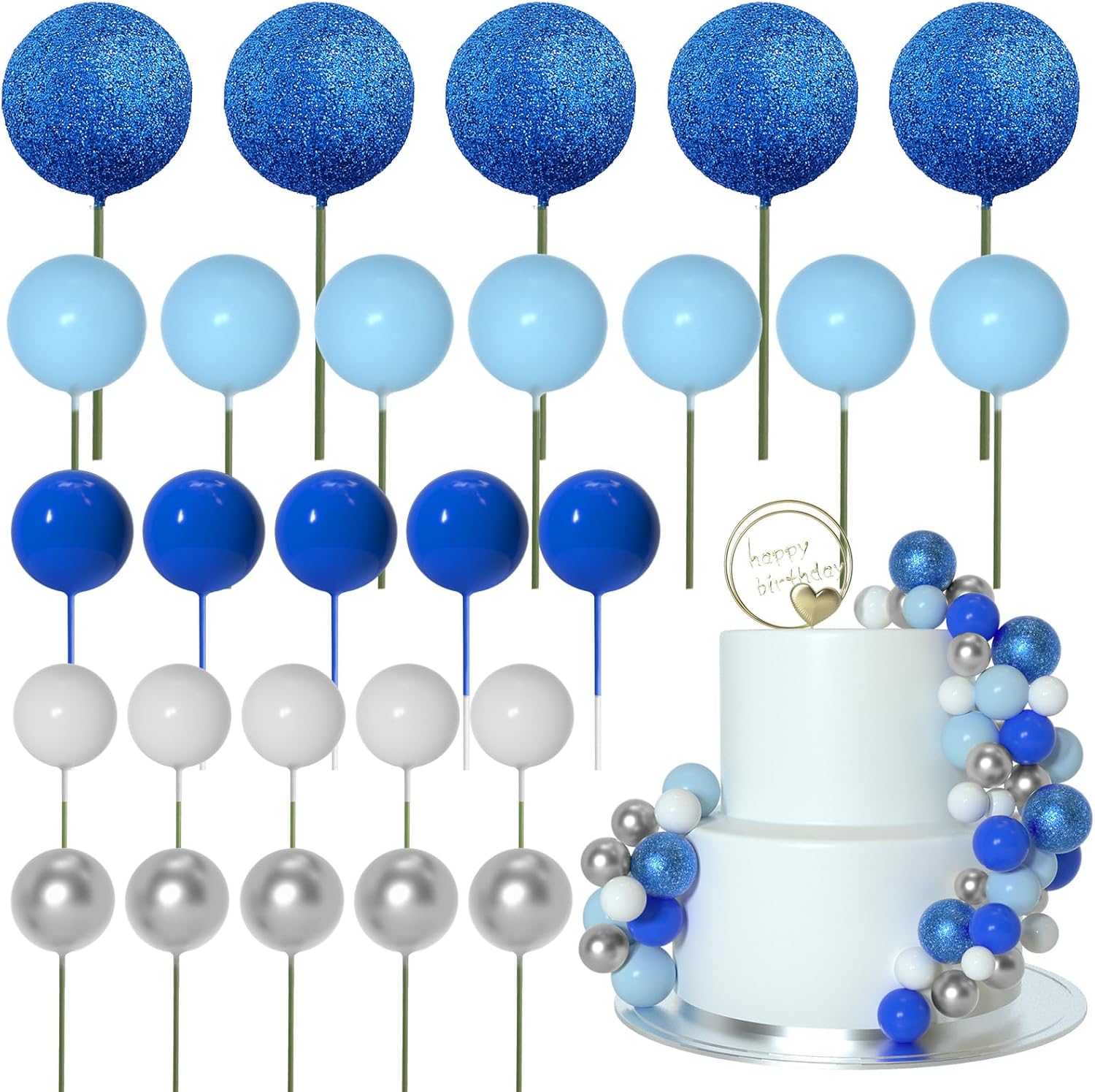 ASTARON 50 Pcs Ball Cake Topper Sticks Mini Balloons for Decorating Supplies Foam Balls Cake Toppers for Baby Shower, Birthday - Blue Series